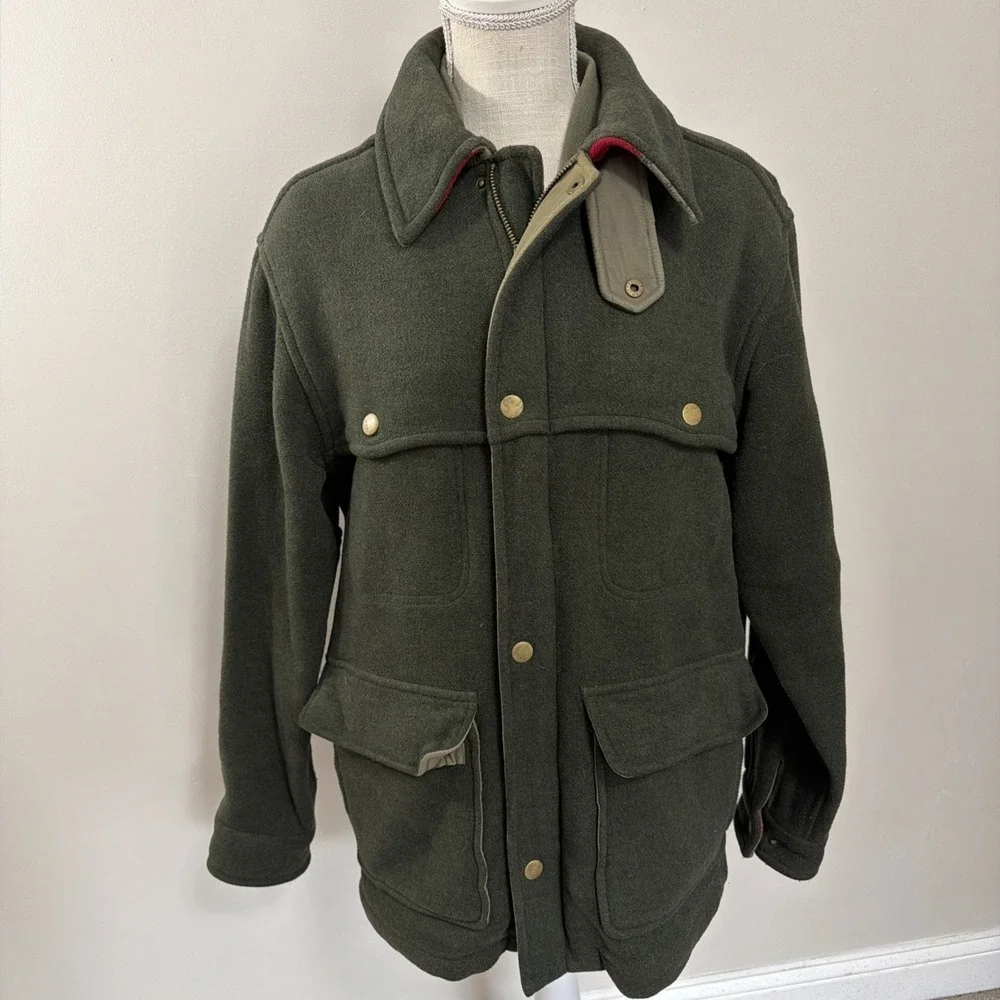 LL Bean Green Wool Cruiser Jacket Field Coat Hunting Quilted Removable Shell
